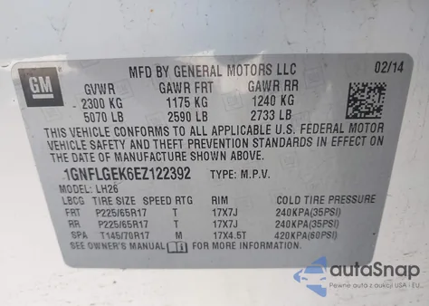 2014 Chevrolet Equinox 2Lt z USA, uszkodzony, nr VIN 1GNFLGEK6EZ122392